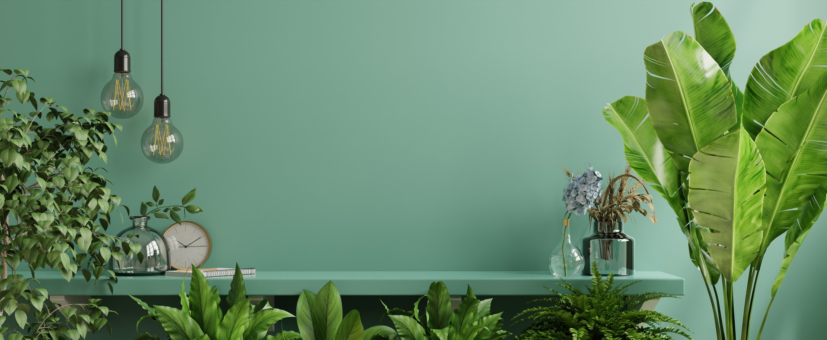 Mockup with Green Plant, Green Wall and Shelf